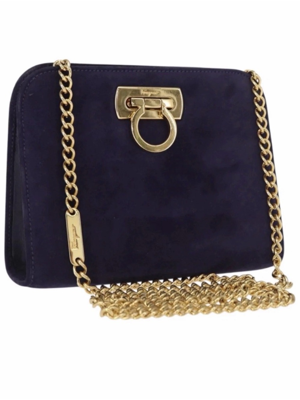 Salvatore Ferragamo Navy Suede Crossbody with Gold Chain Auth